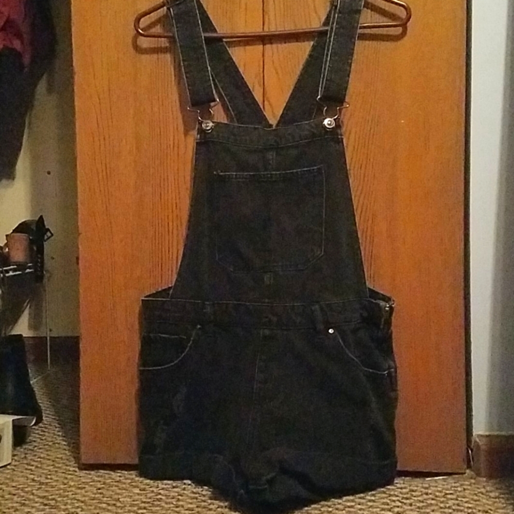 Black distressed overalls